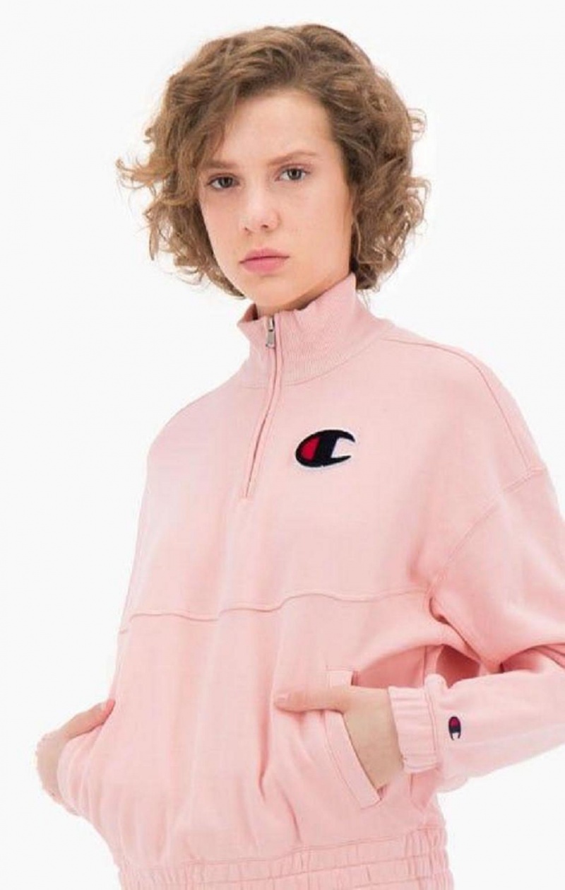 Champion Half Zip-Up Fleece Velvet C Sweatshirt Gensere Dame Rosa | 6913-GLQYO