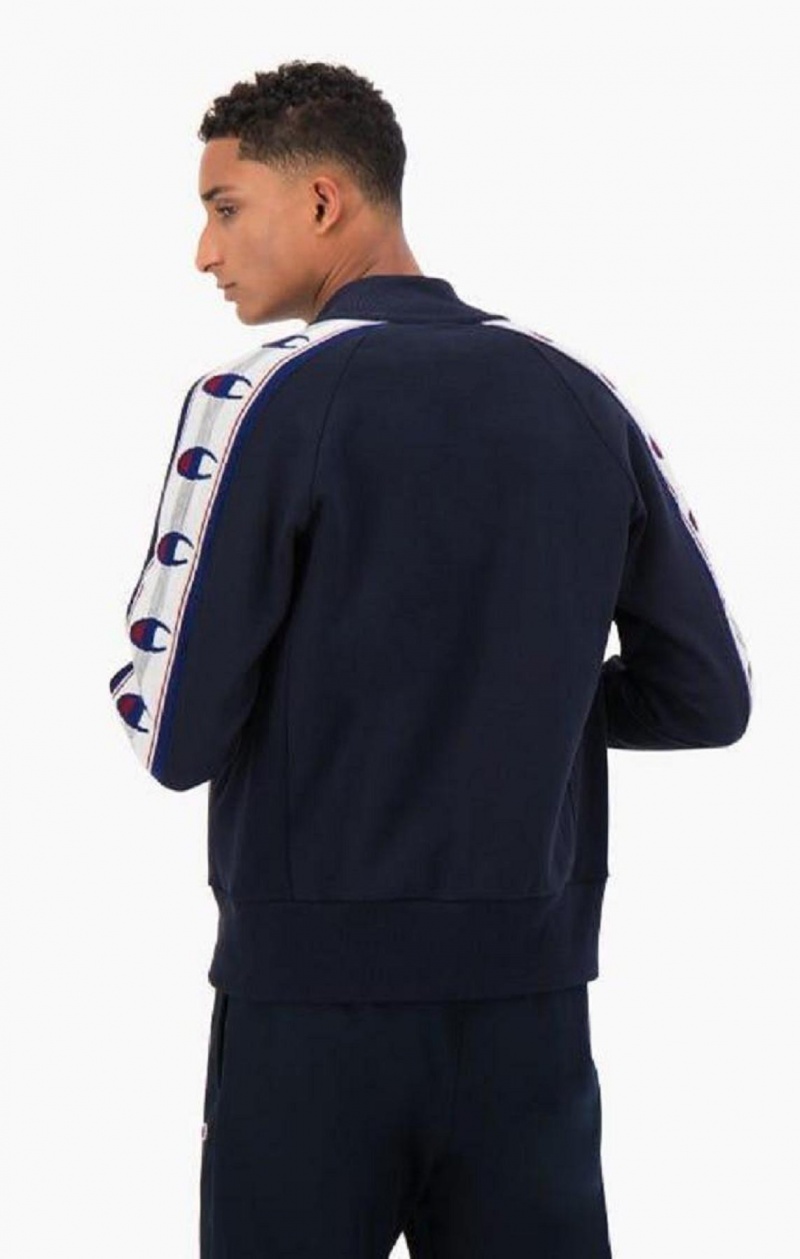 Champion Jacquard Logo Tape Zip-Up Jacket Jakker Herre Mørke Blå | 5270-CQKIS