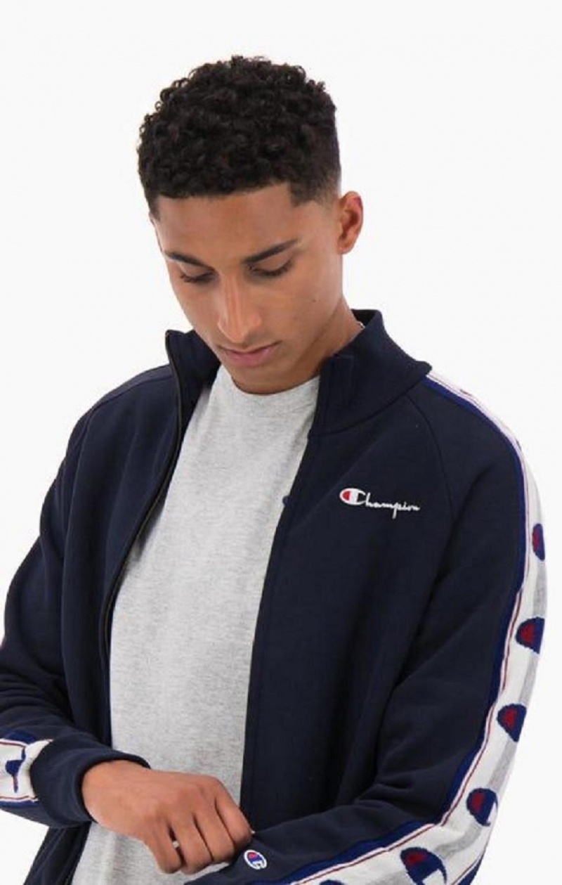 Champion Jacquard Logo Tape Zip-Up Jacket Jakker Herre Mørke Blå | 5270-CQKIS