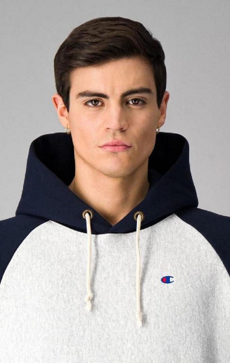 Champion Logo Hood Colour Block Reverse Weave Hoodie Hettegenser Herre Lyse Grå | 2795-UYQWF