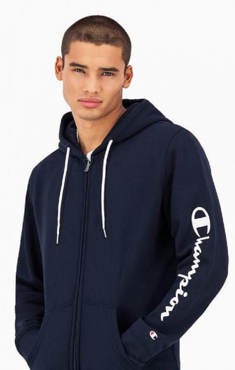 Champion Logo Sleeve Zip-Up Fleece Hoodie Hettegenser Herre Mørke Blå | 3274-BXZWQ