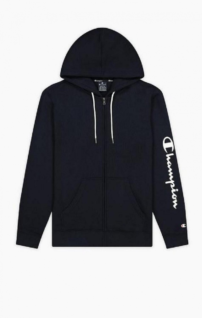 Champion Logo Sleeve Zip-Up Fleece Hoodie Hettegenser Herre Mørke Blå | 3274-BXZWQ