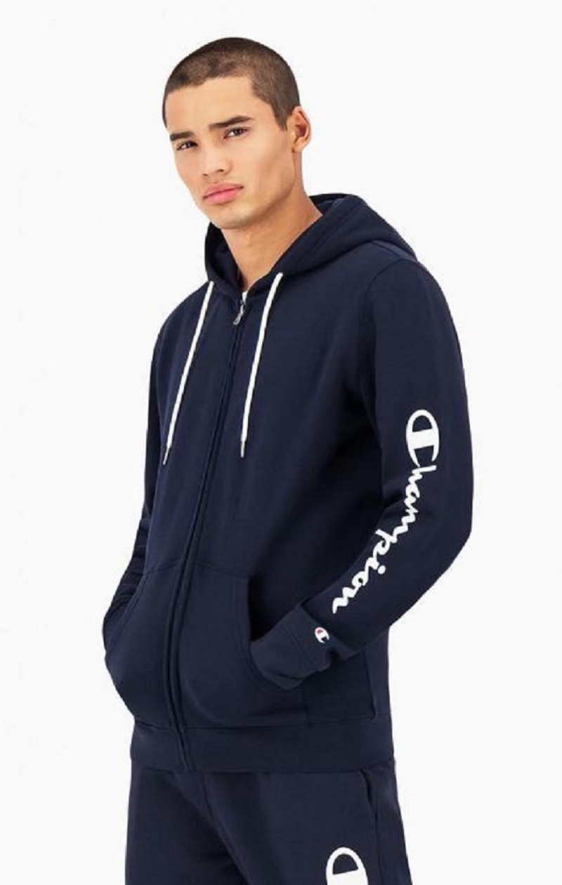 Champion Logo Sleeve Zip-Up Fleece Hoodie Hettegenser Herre Mørke Blå | 3274-BXZWQ