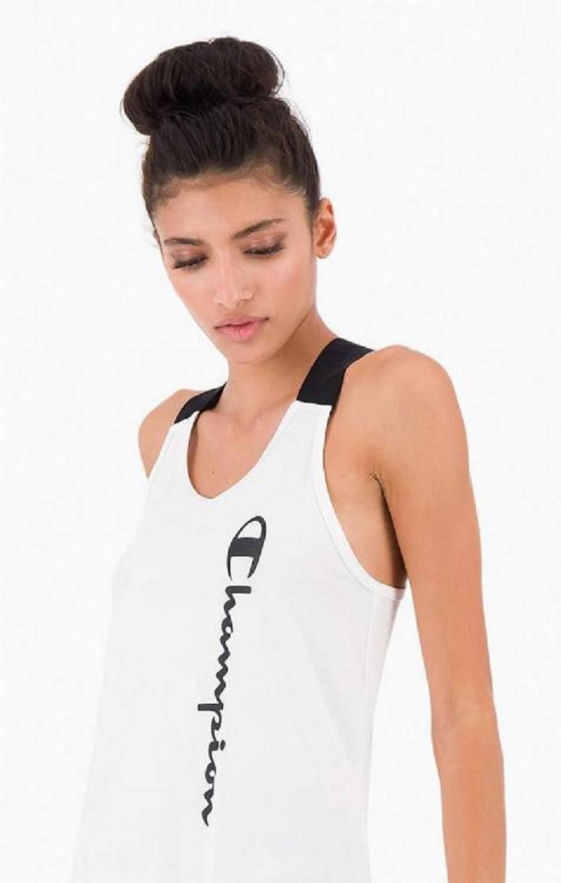 Champion Logo Tape Criss-Cross Back Jersey Tank Top T-skjorte Dame Hvite | 2046-TKGQV