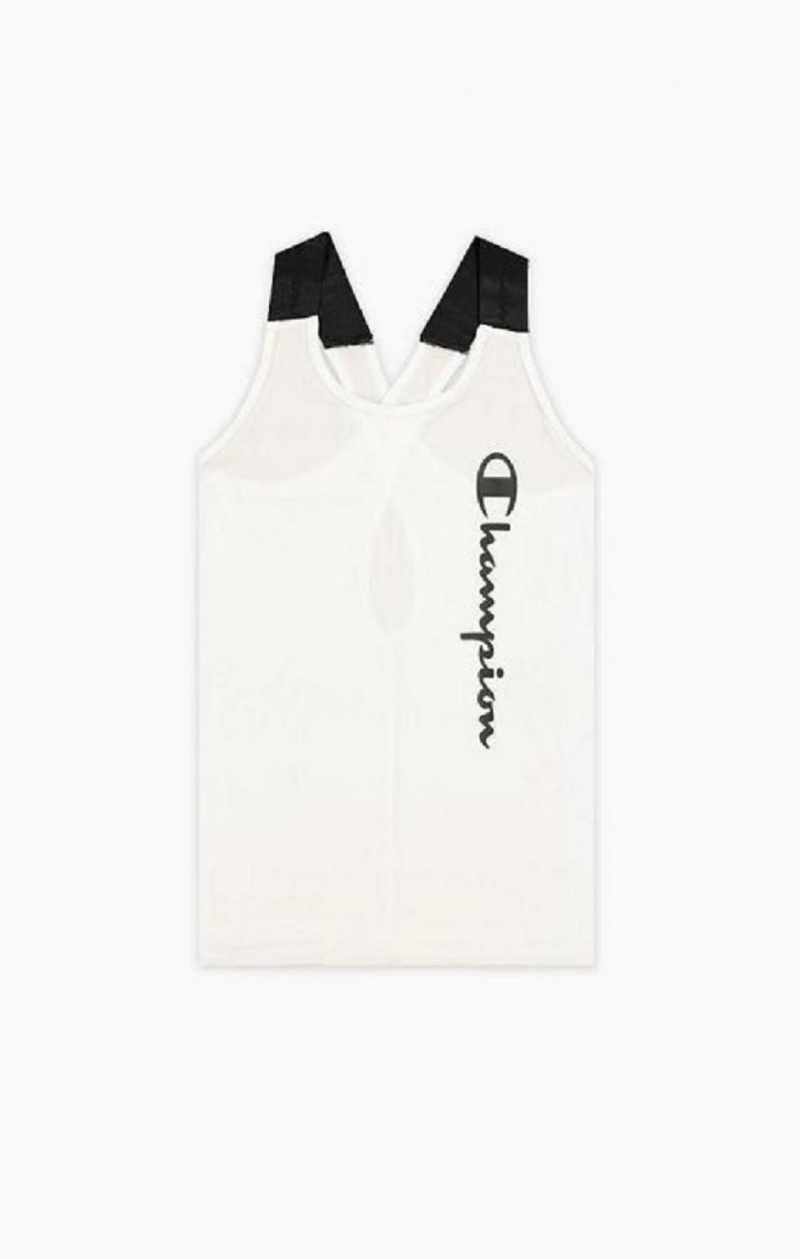 Champion Logo Tape Criss-Cross Back Jersey Tank Top T-skjorte Dame Hvite | 2046-TKGQV