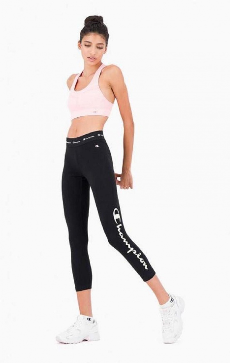 Champion Logo Tape Stretch Crop Leggings Joggebukse Dame Svarte | 5603-TCVNO