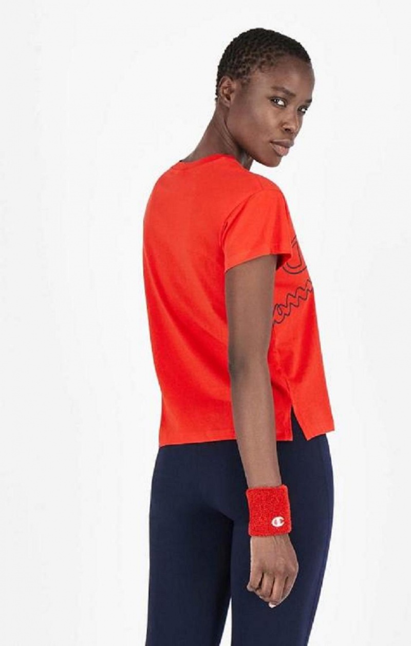 Champion Multi Logo Cropped T-Shirt T-skjorte Dame Rød | 4972-BAHKP