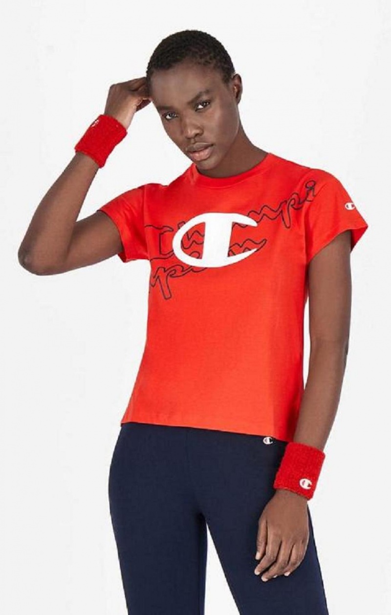 Champion Multi Logo Cropped T-Shirt T-skjorte Dame Rød | 4972-BAHKP