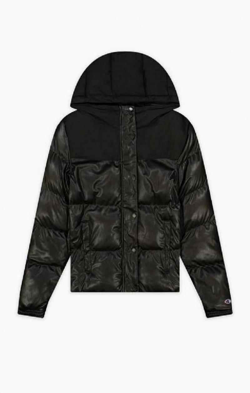 Champion Oversized Faux Lær Detail Hette Jacket Jakker Dame Svarte | 0216-MYACX