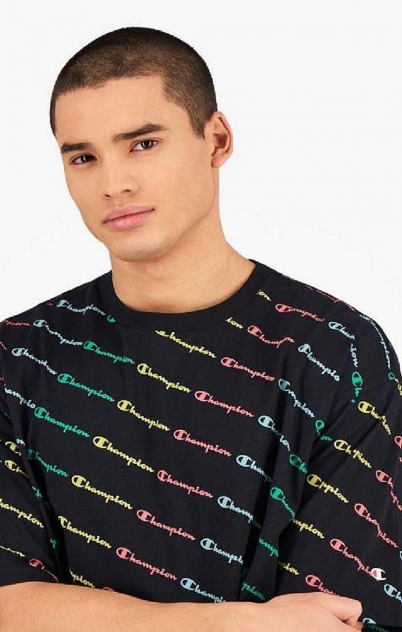 Champion Pastel All-Over Script Logo Print T-Shirt T-skjorte Herre Svarte | 6290-KJUZN