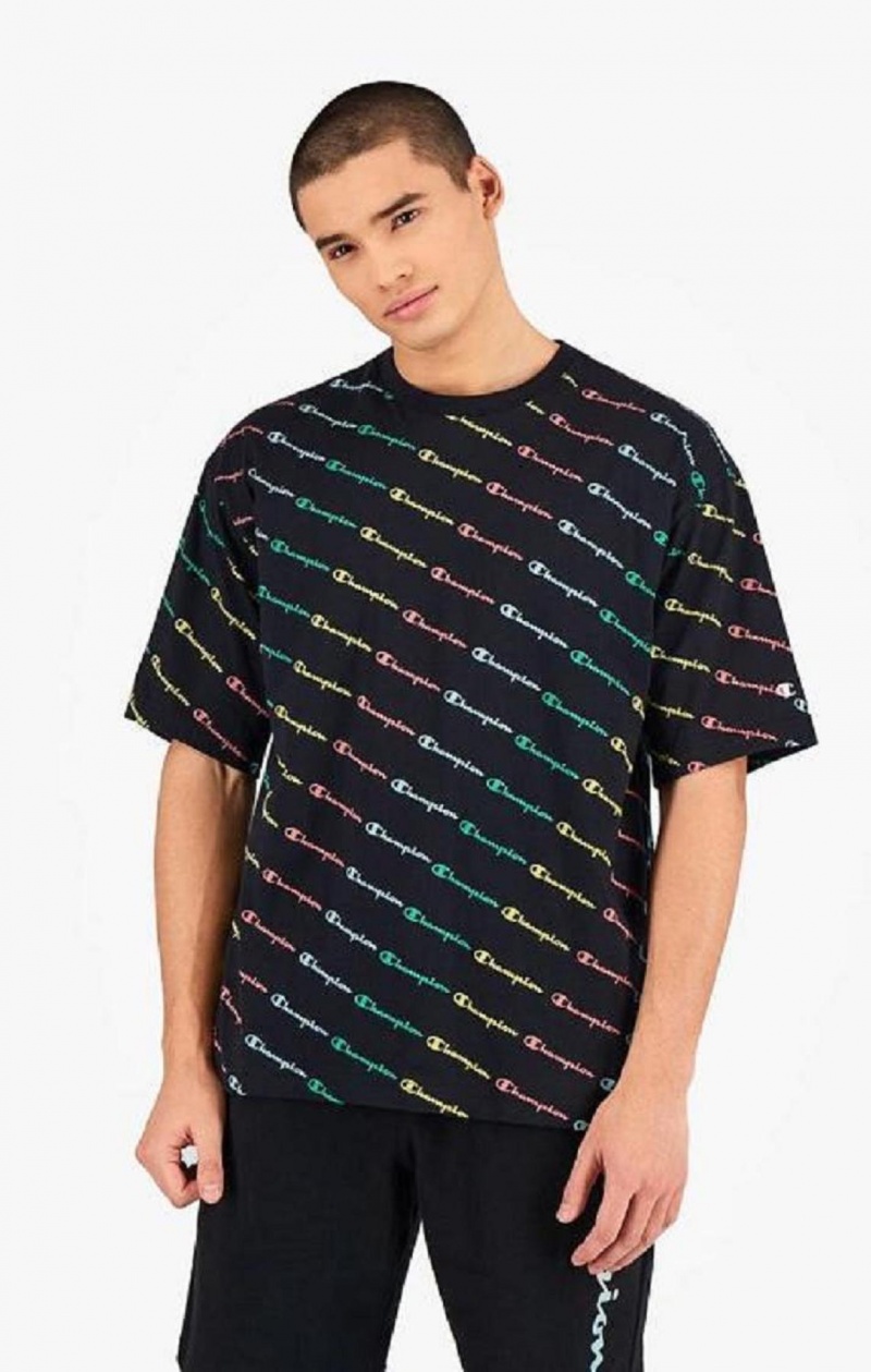 Champion Pastel All-Over Script Logo Print T-Shirt T-skjorte Herre Svarte | 6290-KJUZN