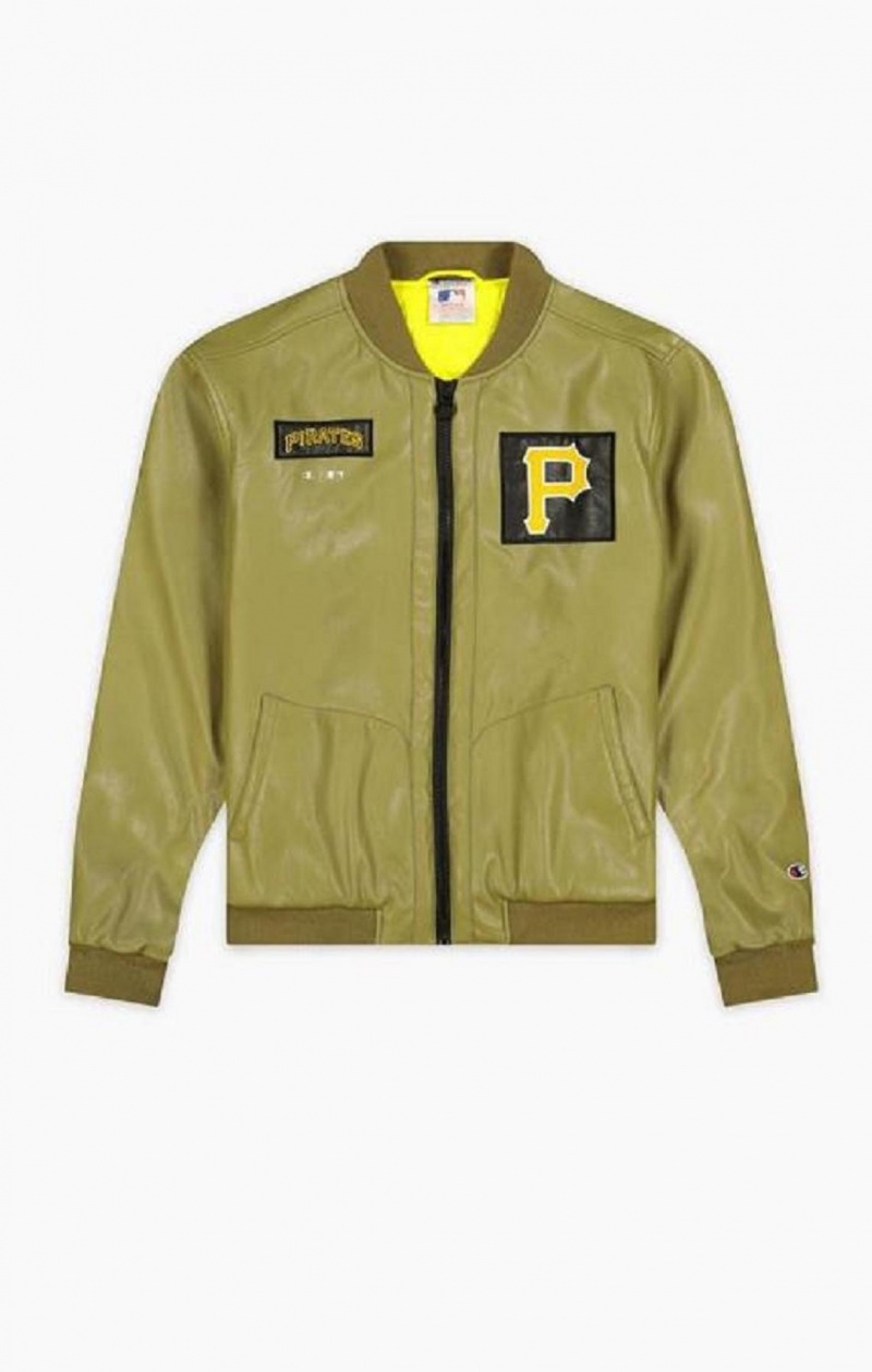 Champion Pittsburgh MLB Fake Lær Bomber Jacket Jakker Herre Olivengrønne Grønn | 9045-ZJTLY