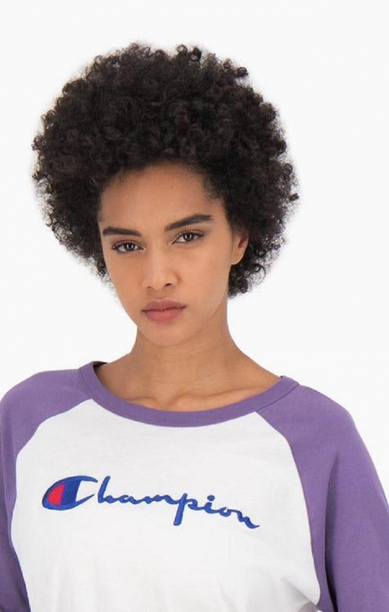 Champion Raglan Sleeve Script Logo Baseball Top T-skjorte Dame Hvite Lilla | 1675-ANDRK