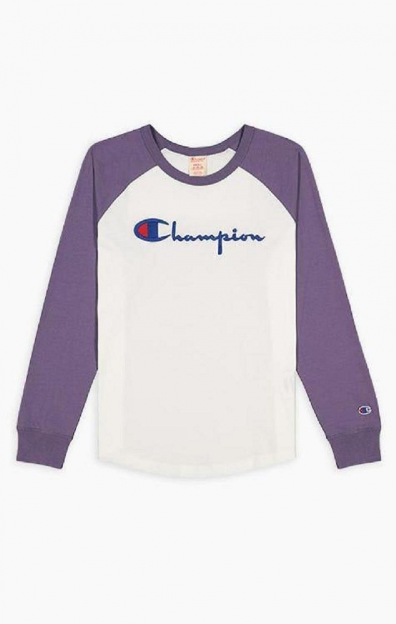 Champion Raglan Sleeve Script Logo Baseball Top T-skjorte Dame Hvite Lilla | 1675-ANDRK