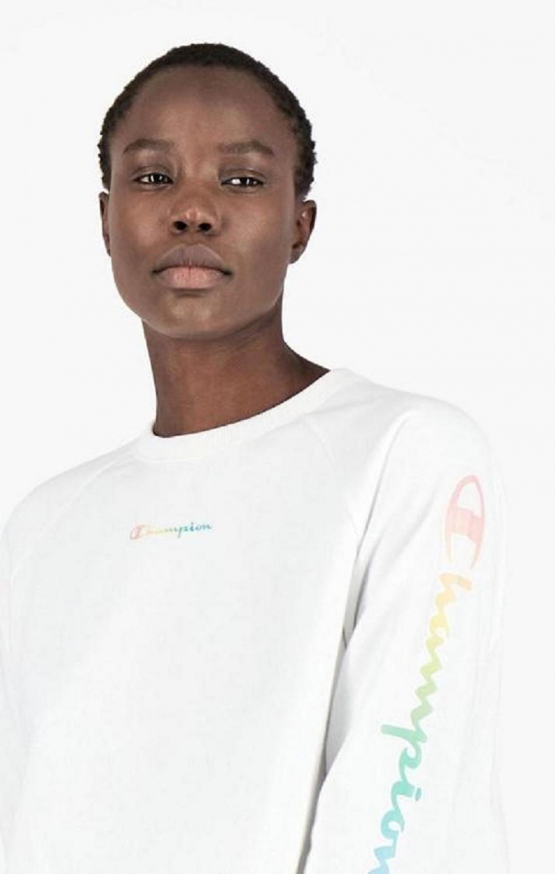 Champion Rainbow Script Logo Print Cropped Sweatshirt Gensere Dame Hvite | 9357-HNEMK