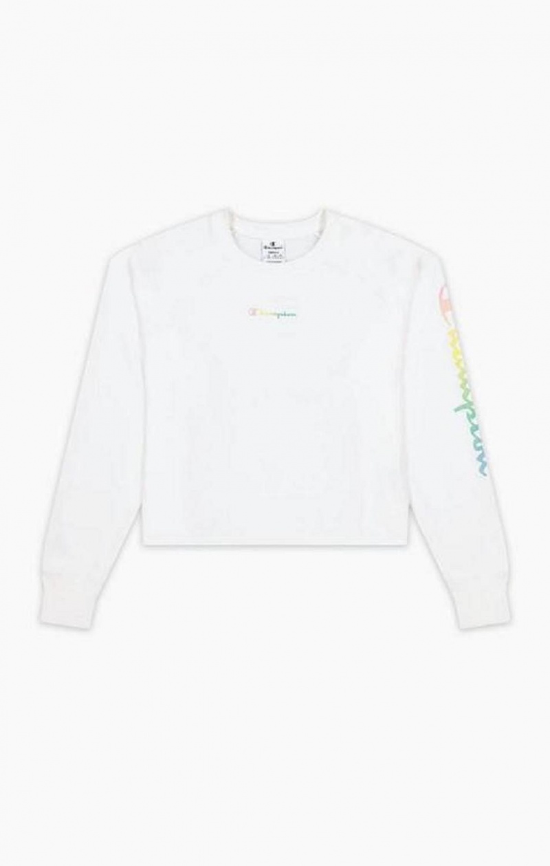 Champion Rainbow Script Logo Print Cropped Sweatshirt Gensere Dame Hvite | 9357-HNEMK