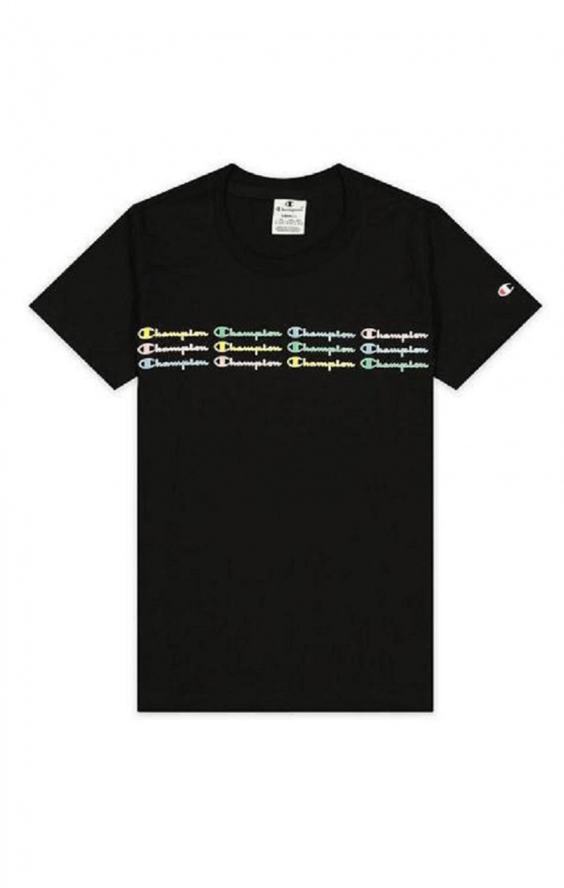 Champion Rainbow Script Logo Print T-Shirt T-skjorte Dame Svarte | 9601-UEQRJ