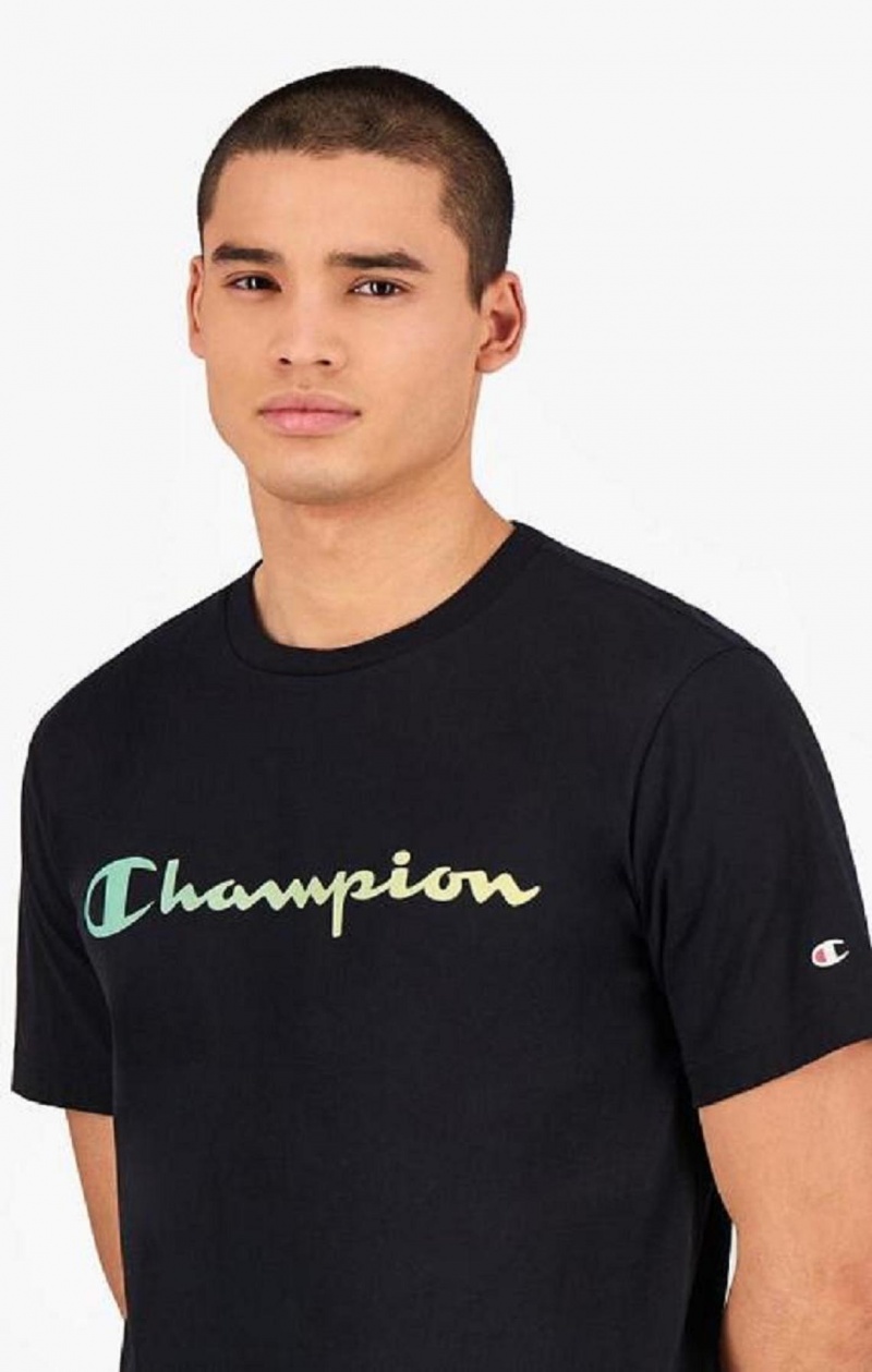 Champion Rainbow Script Logo T-Shirt T-skjorte Herre Svarte | 3921-IQZXK