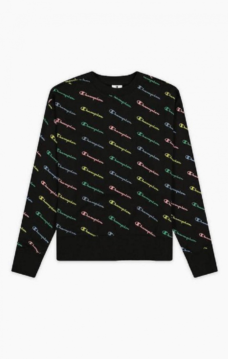 Champion Repeat Rainbow Script Logo Print Sweatshirt Gensere Dame Svarte | 4076-ESPID