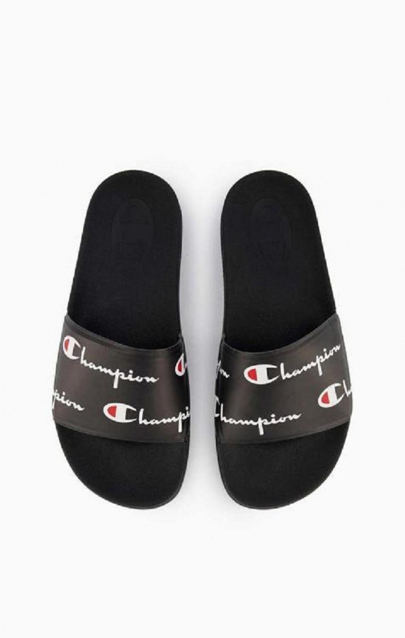 Champion Repeat Script Logo Print Pool Slides Badesandaler Herre Svarte | 0426-IZYDM