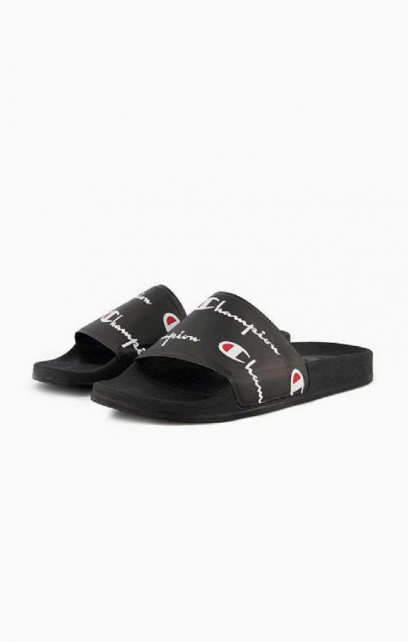 Champion Repeat Script Logo Print Pool Slides Badesandaler Herre Svarte | 0426-IZYDM