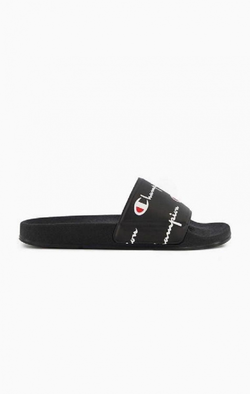 Champion Repeat Script Logo Print Pool Slides Badesandaler Herre Svarte | 0426-IZYDM