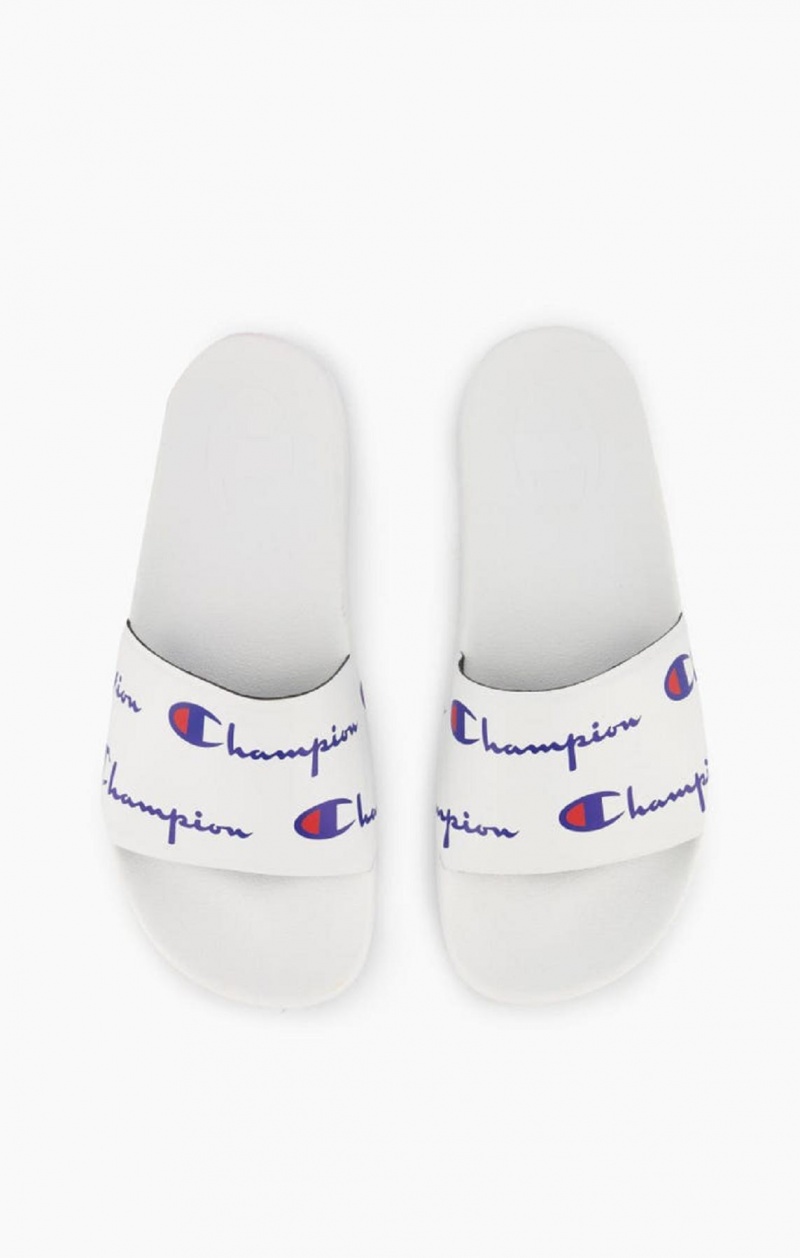 Champion Repeat Script Logo Print Pool Slides Badesandaler Dame Hvite | 5328-NSXEP