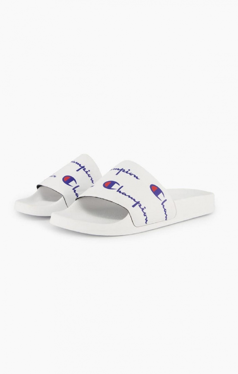 Champion Repeat Script Logo Print Pool Slides Badesandaler Dame Hvite | 5328-NSXEP