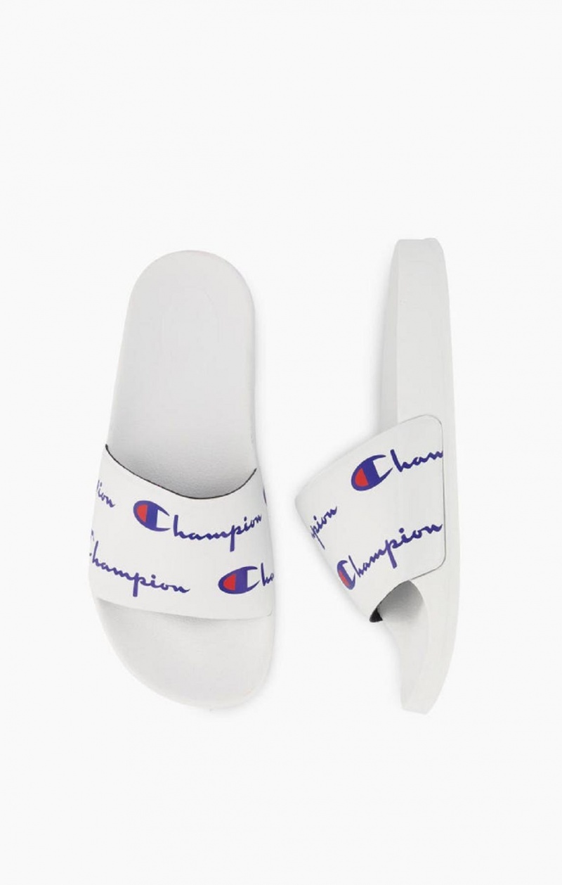 Champion Repeat Script Logo Print Pool Slides Badesandaler Dame Hvite | 5328-NSXEP