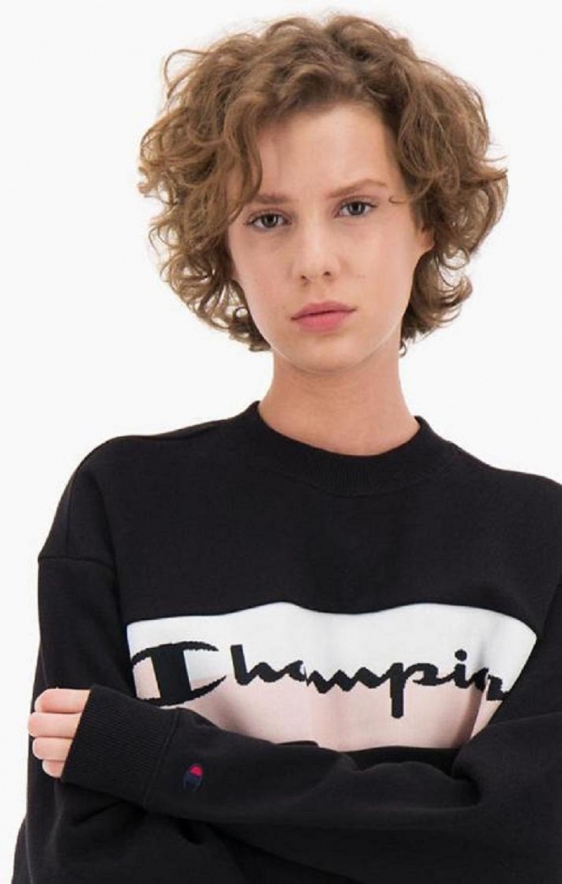 Champion Rib Insert Script Logo Bomull Terry Sweatshirt Gensere Dame Svarte | 8679-AGMKL