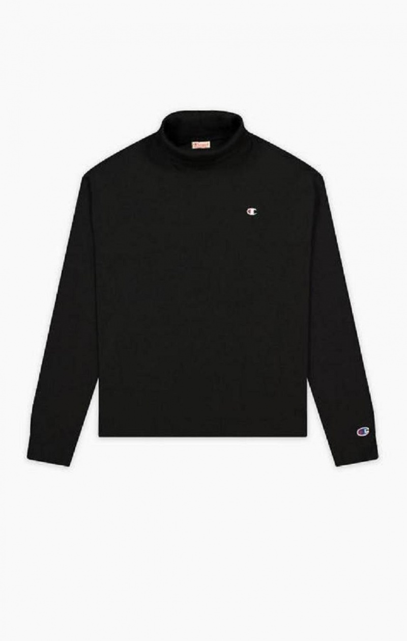 Champion Ribbet High Neck Long Sleeve T-Shirt T-skjorte Dame Svarte | 1728-HYQGS