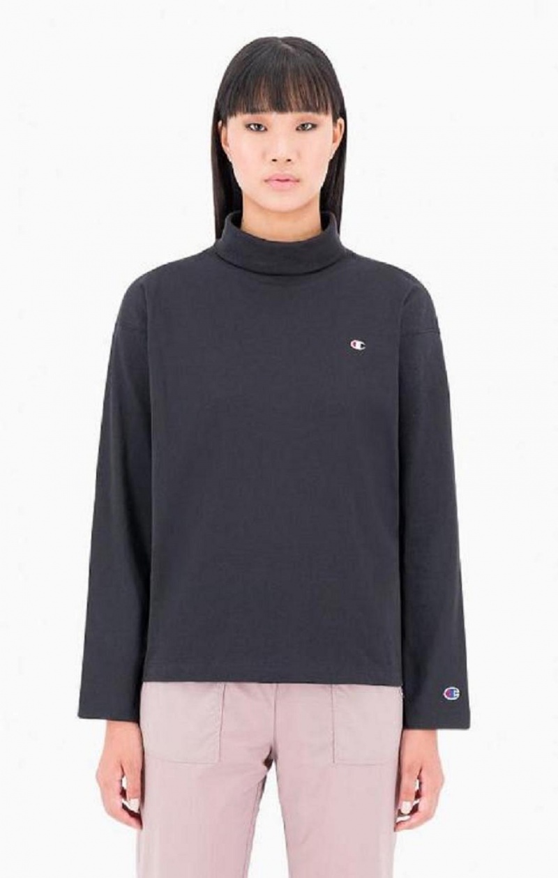 Champion Ribbet High Neck Long Sleeve T-Shirt T-skjorte Dame Svarte | 1728-HYQGS