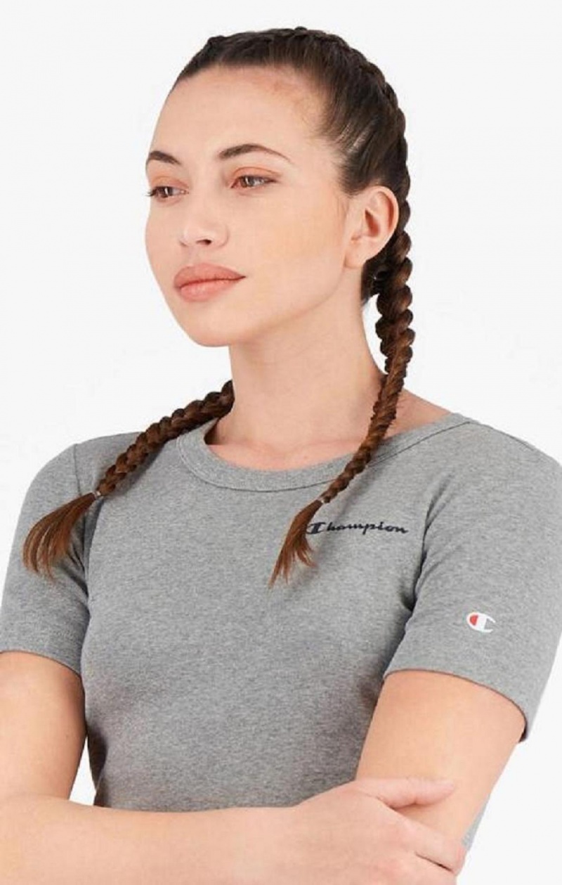 Champion Ribbet Script Logo T-Shirt Kjoler Kjole Dame Lyse Grå | 2795-NIEYF