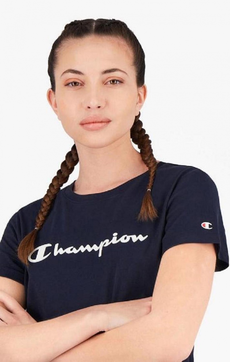 Champion Rubber Script Logo T-Shirt Kjoler Kjole Dame Mørke Blå | 7498-BGPTX