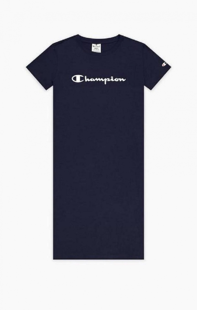 Champion Rubber Script Logo T-Shirt Kjoler Kjole Dame Mørke Blå | 7498-BGPTX