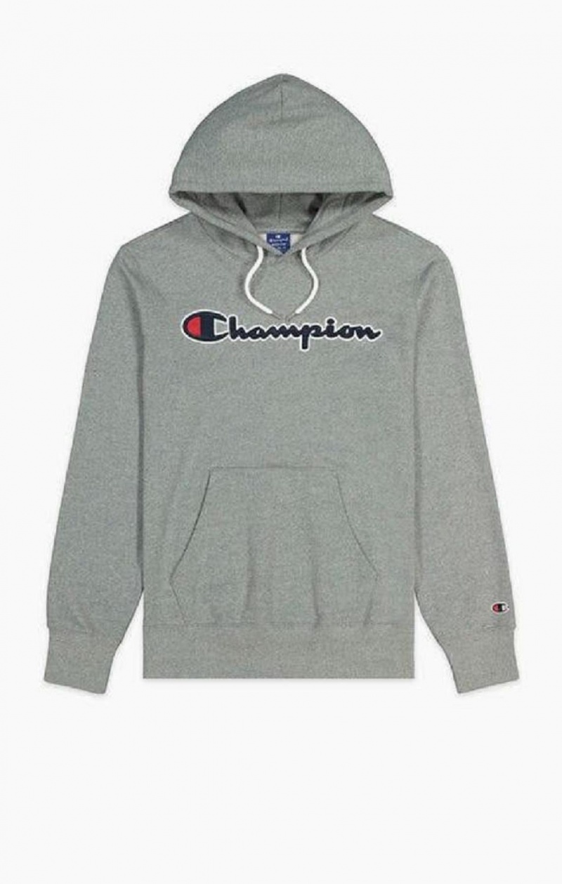 Champion Satin Script Logo Bomull Terry Hoodie Hettegenser Herre Mørke Grå | 6180-CDPFG