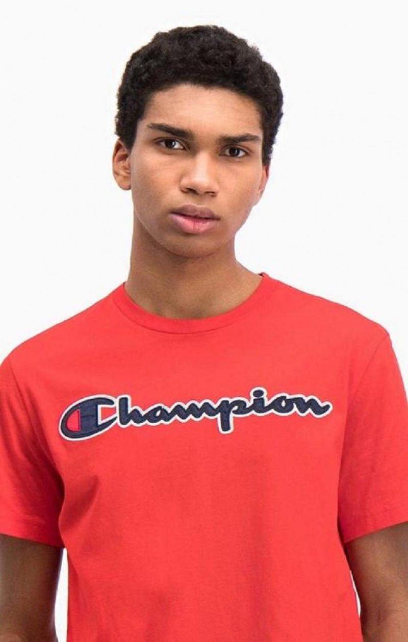 Champion Satin Script Logo T-Shirt T-skjorte Herre Rød | 3410-NSMDY