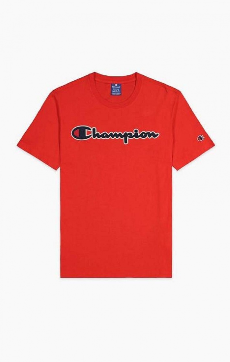 Champion Satin Script Logo T-Shirt T-skjorte Herre Rød | 3410-NSMDY