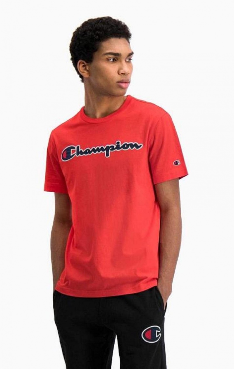 Champion Satin Script Logo T-Shirt T-skjorte Herre Rød | 3410-NSMDY