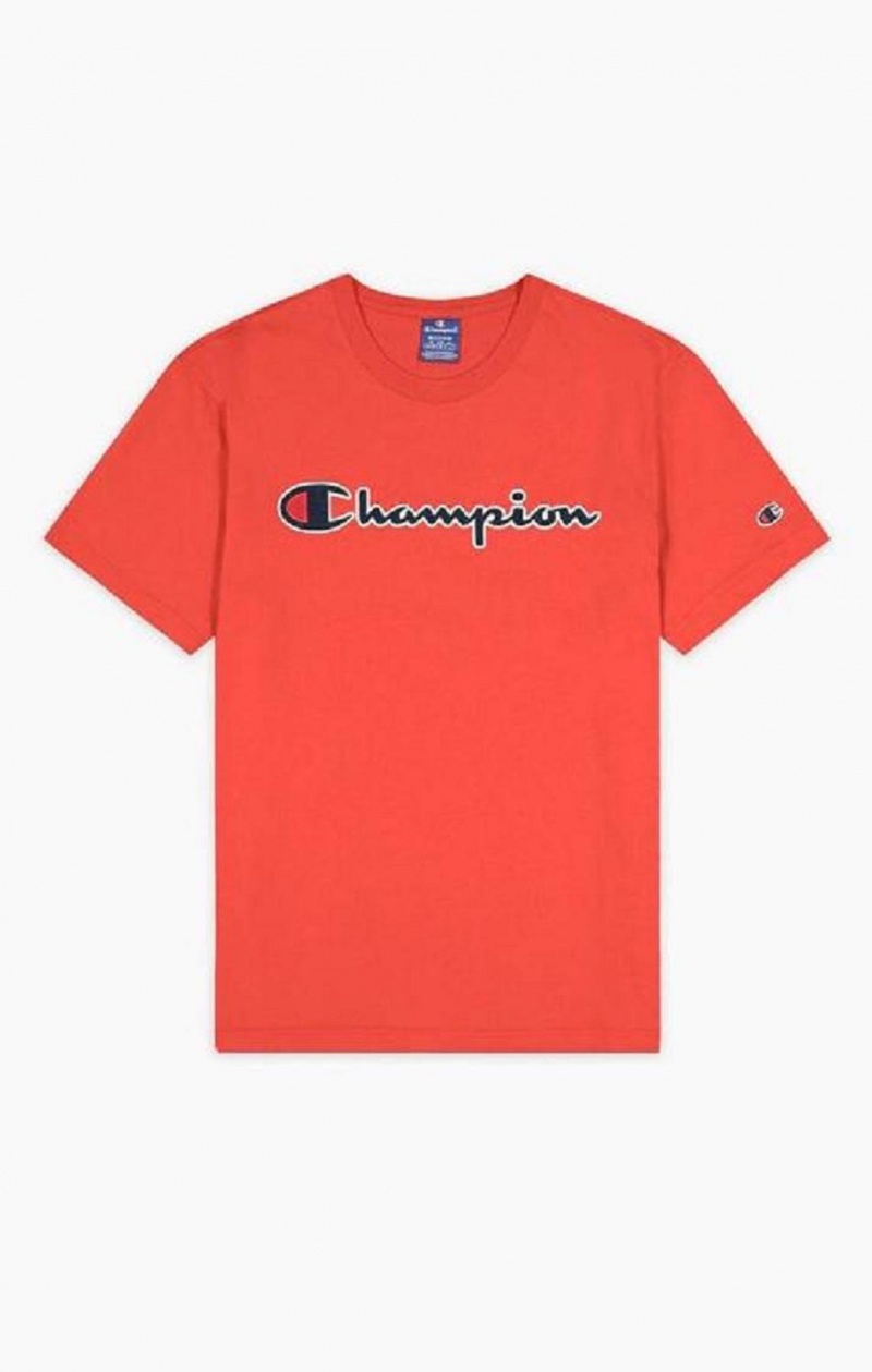 Champion Satin Stitch Script Logo T-Shirt T-skjorte Herre Rød | 1754-ZXDMA