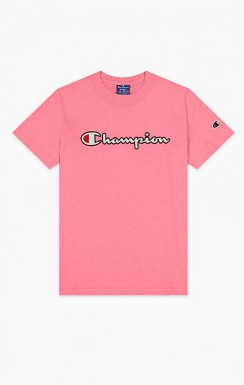 Champion Satin Stitch Script Logo T-Shirt T-skjorte Dame Rosa | 9374-EAISB