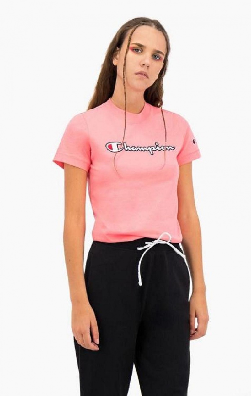 Champion Satin Stitch Script Logo T-Shirt T-skjorte Dame Rosa | 9374-EAISB