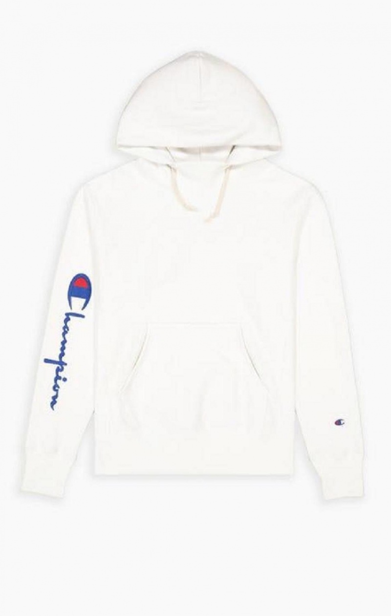 Champion Script Logo Arm Reverse Weave Hoodie Hettegenser Herre Hvite | 3658-RXNHB