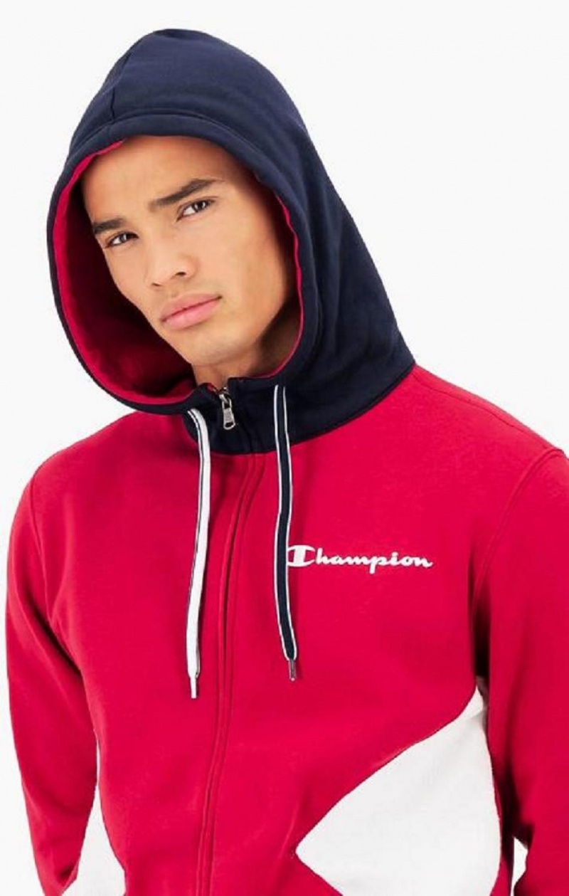 Champion Script Logo Colour Block Fleece Zip-Up Hoodie Hettegenser Herre Rød | 0198-MGPKU