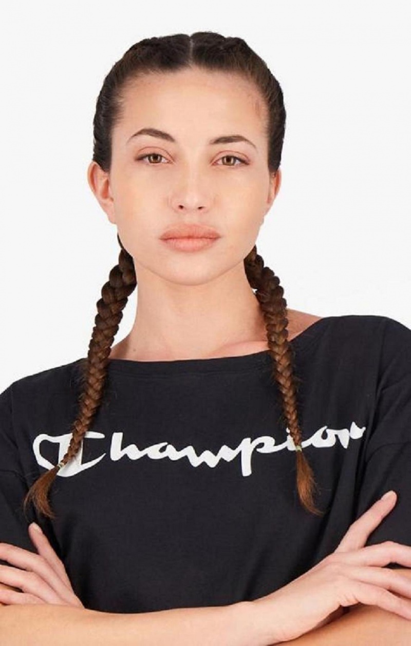 Champion Script Logo Cropped T-Shirt T-skjorte Dame Svarte | 3910-EMZHA