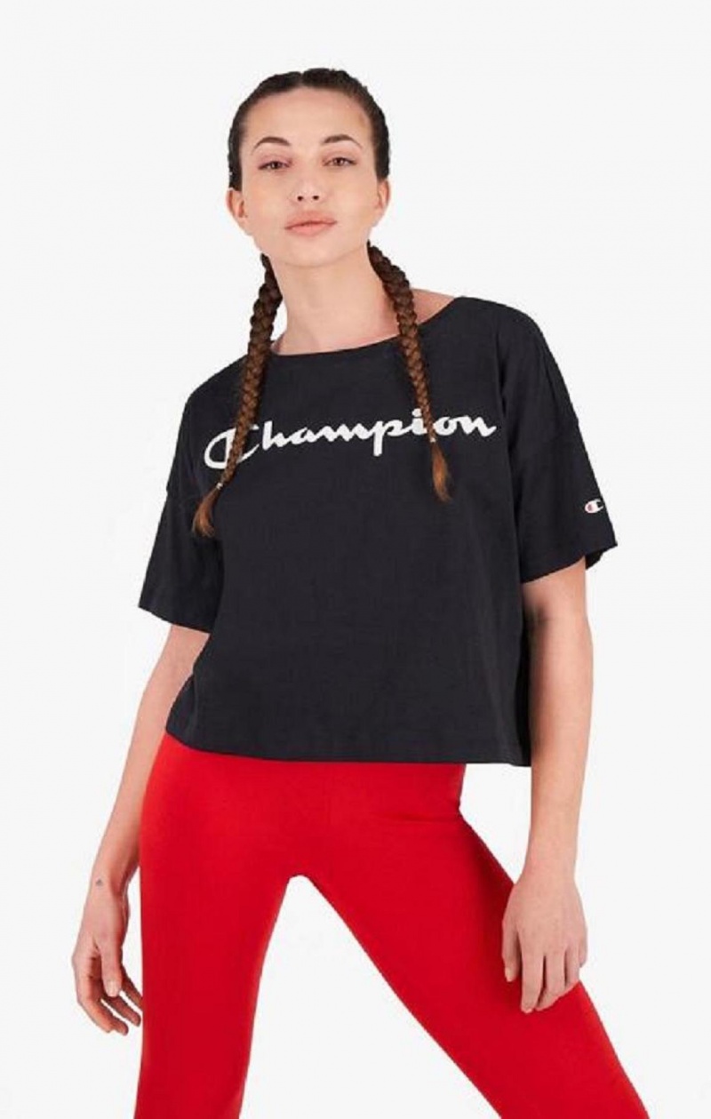 Champion Script Logo Cropped T-Shirt T-skjorte Dame Svarte | 3910-EMZHA