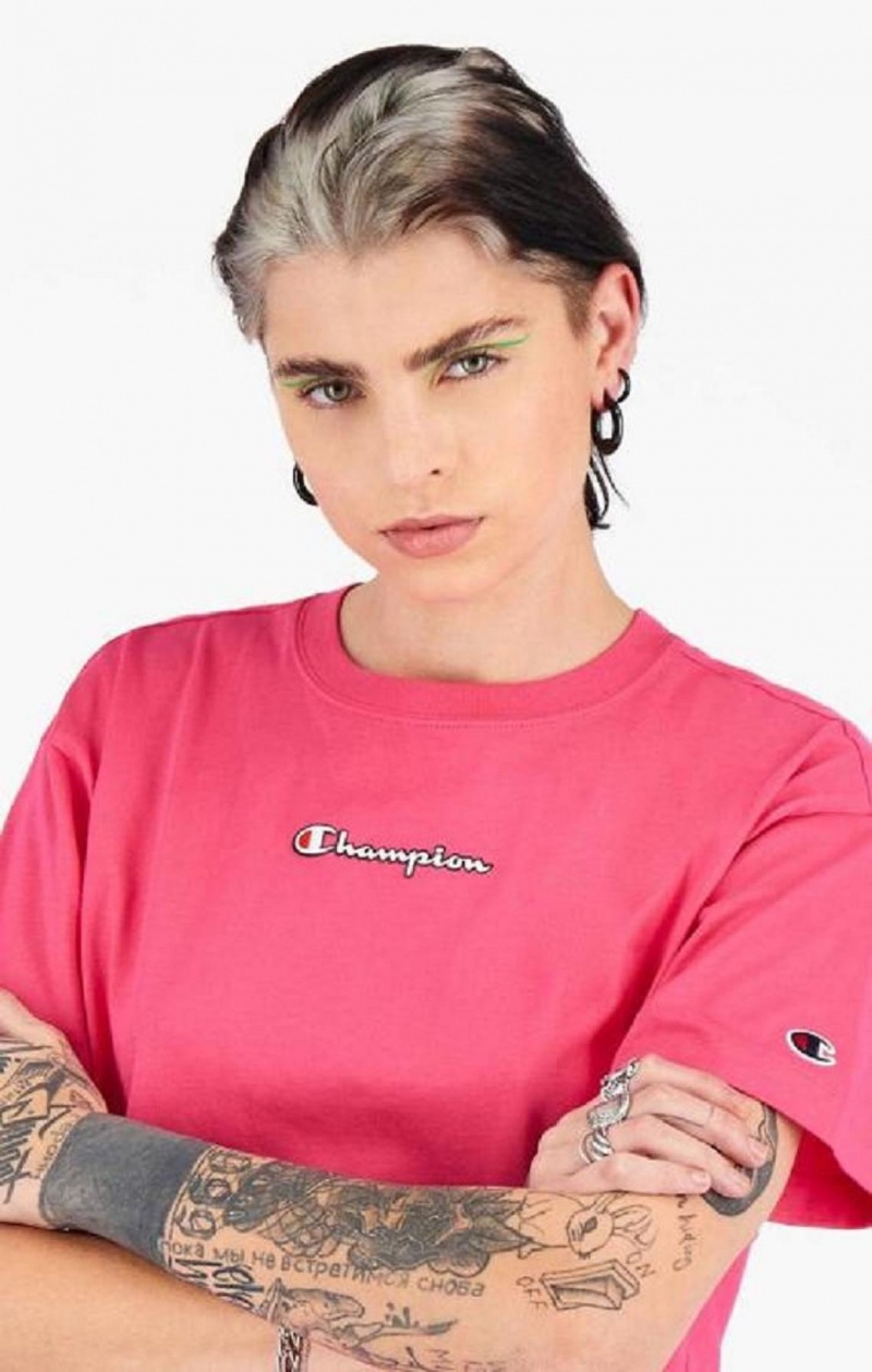 Champion Script Logo Cropped T-Shirt T-skjorte Dame Mørke Rosa | 9402-MRCDE