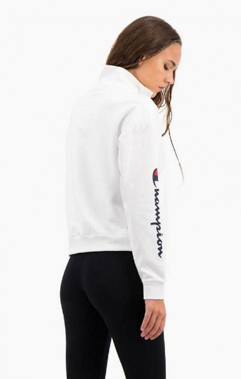 Champion Script Logo Half Zip-Up Shiny Fleece Sweatshirt Gensere Dame Hvite | 3092-KOAPX