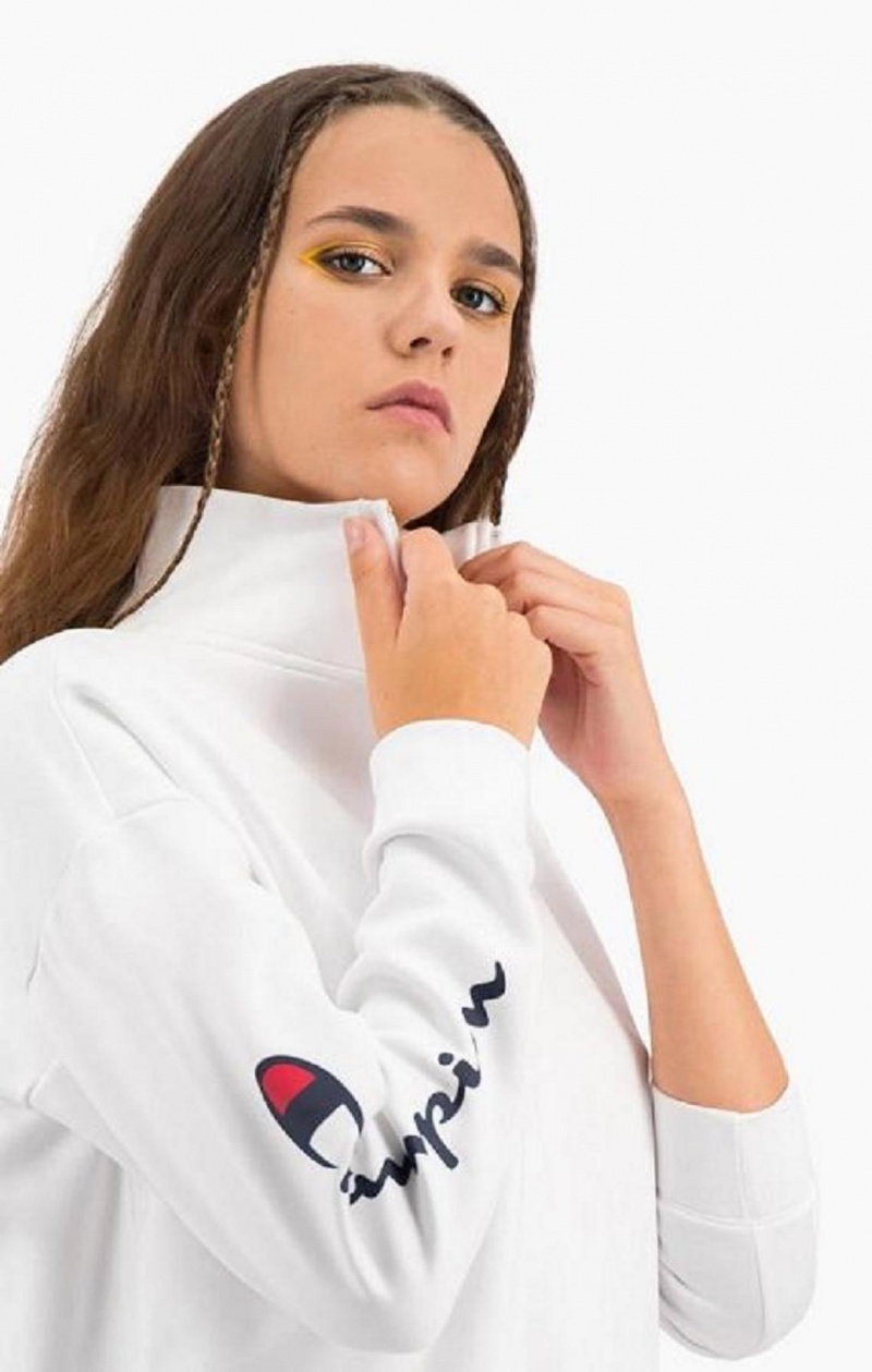 Champion Script Logo Half Zip-Up Shiny Fleece Sweatshirt Gensere Dame Hvite | 3092-KOAPX