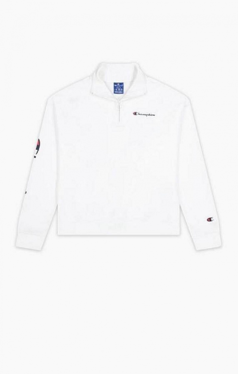 Champion Script Logo Half Zip-Up Shiny Fleece Sweatshirt Gensere Dame Hvite | 3092-KOAPX